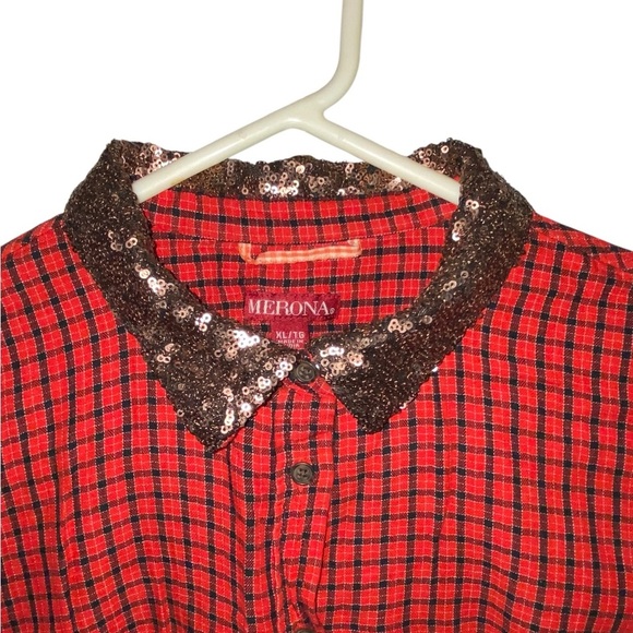 Merona red plaid cotton button down with rose gold sequin collar - Picture 3 of 9